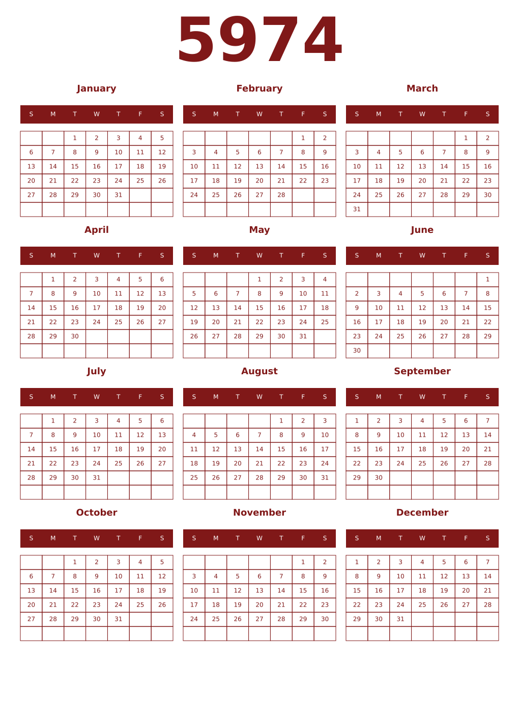 Printable 5974 Year Calendars falu