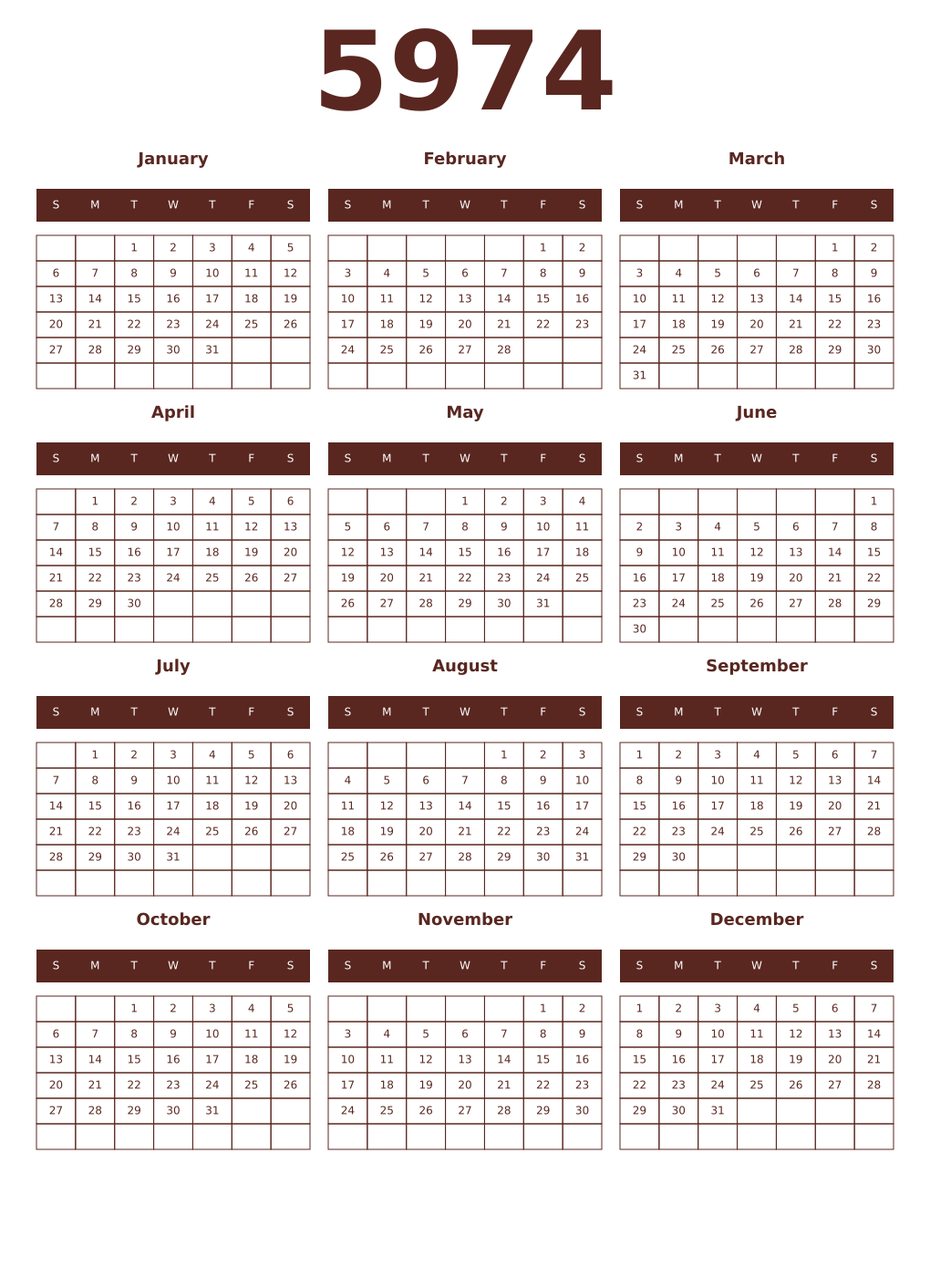 Printable 5974 Year Calendars mortuum