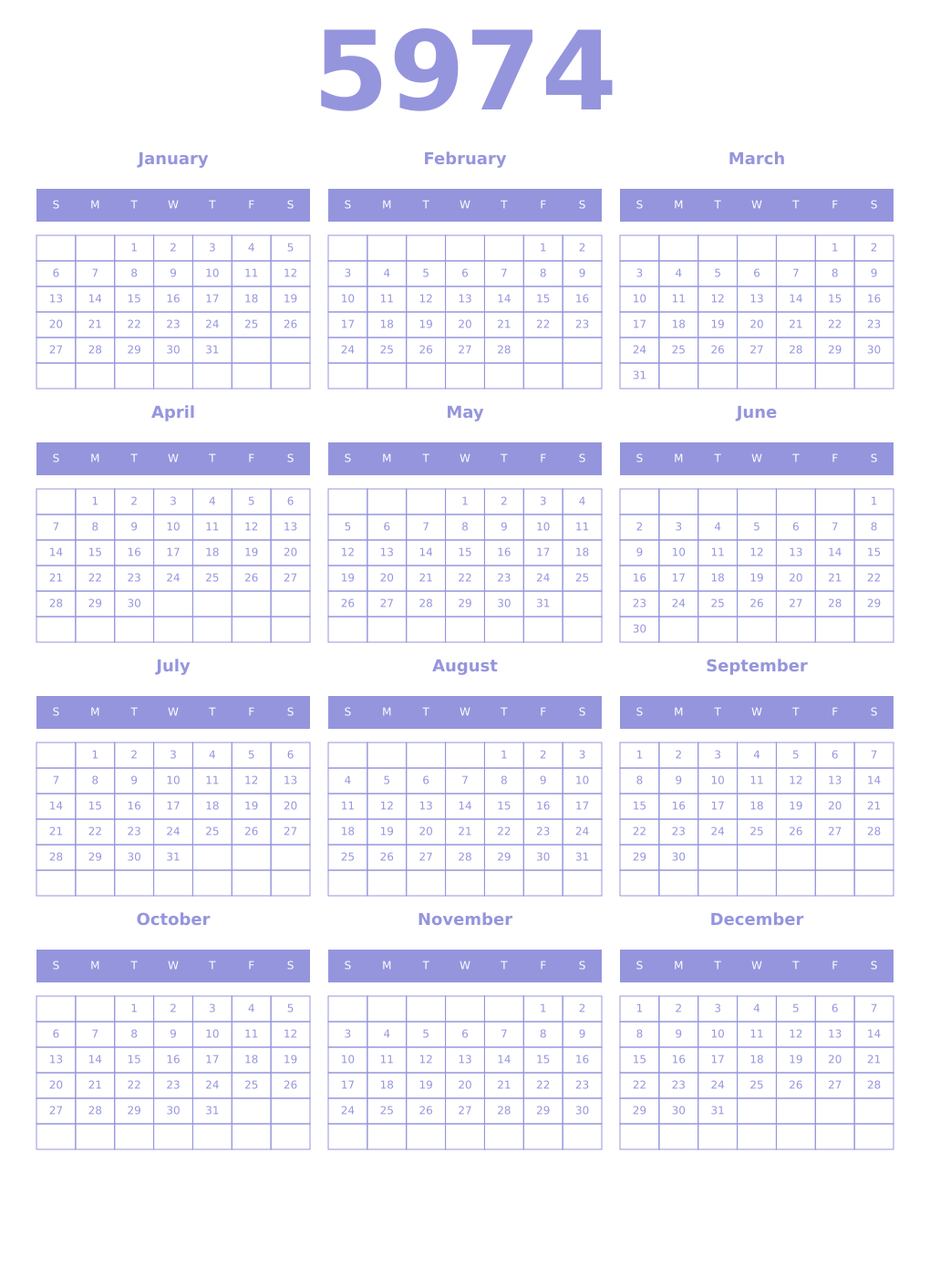Printable 5974 Year Calendars periwinkle