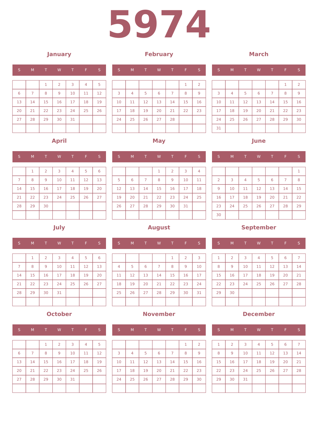 Printable 5974 Year Calendars puce