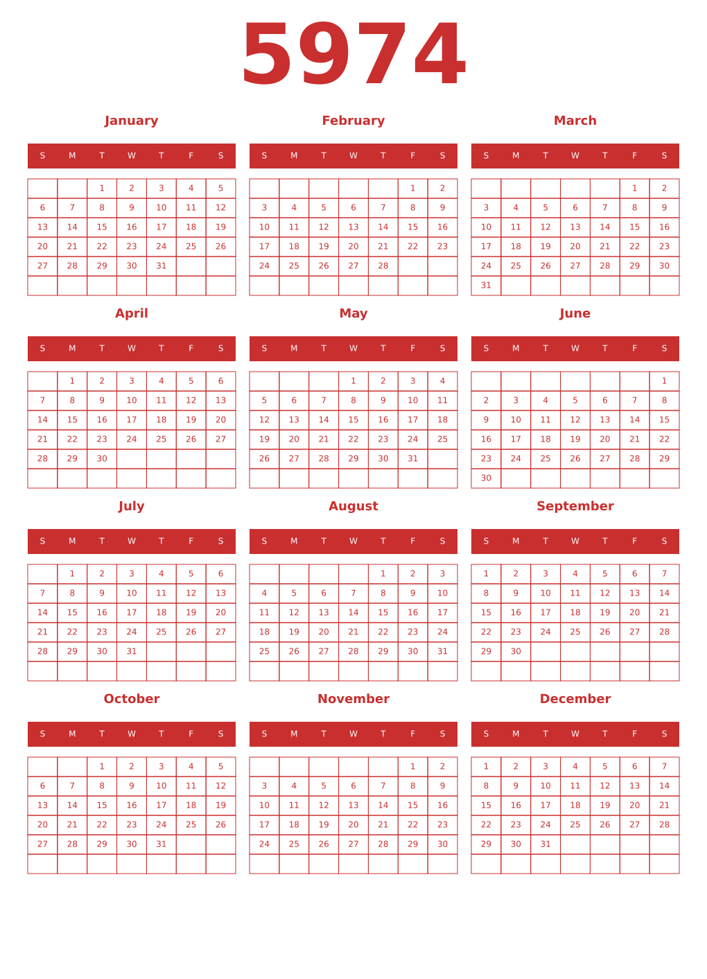 Printable 5974 Year Calendars red