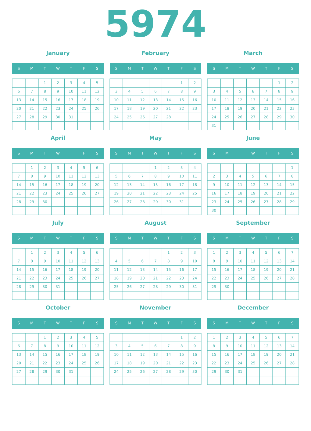 Printable 5974 Year Calendars verdigris