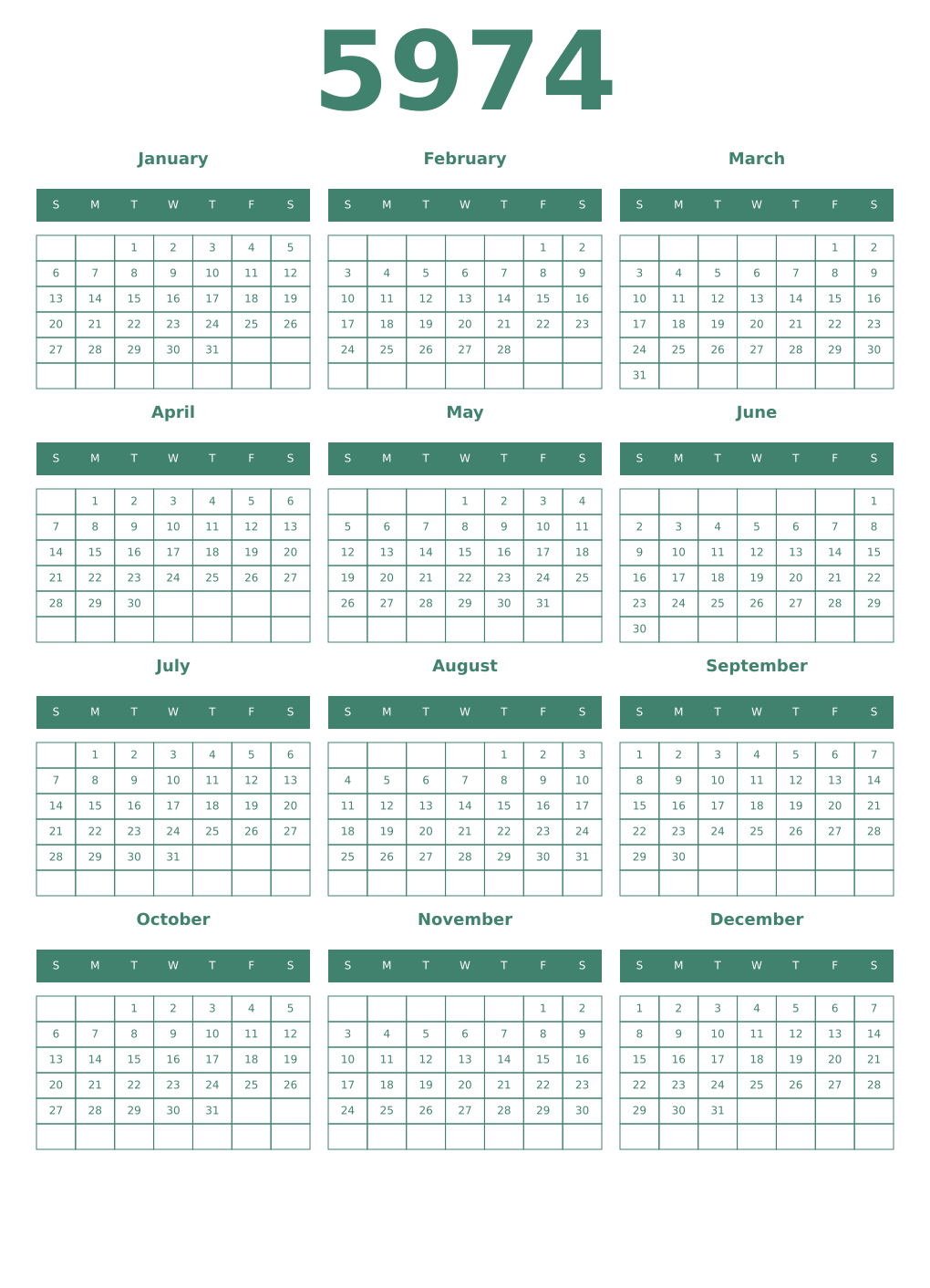 Printable 5974 Year Calendars viridian