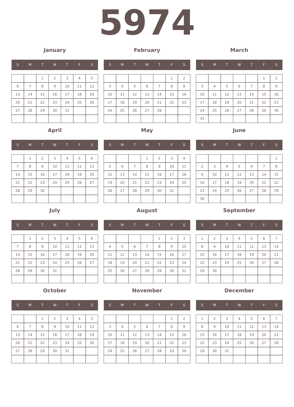 Printable 5974 Year Calendars wenge