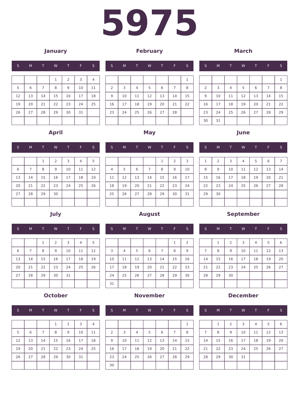 Printable 5975 Year Calendars aubergine