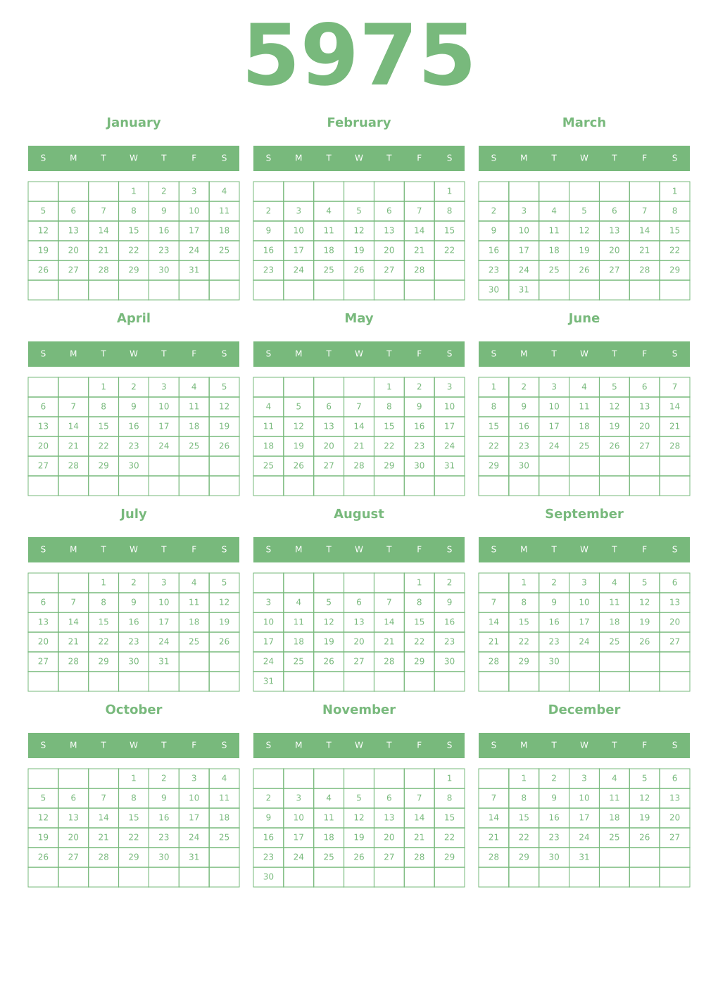 Printable 5975 Year Calendars celadon