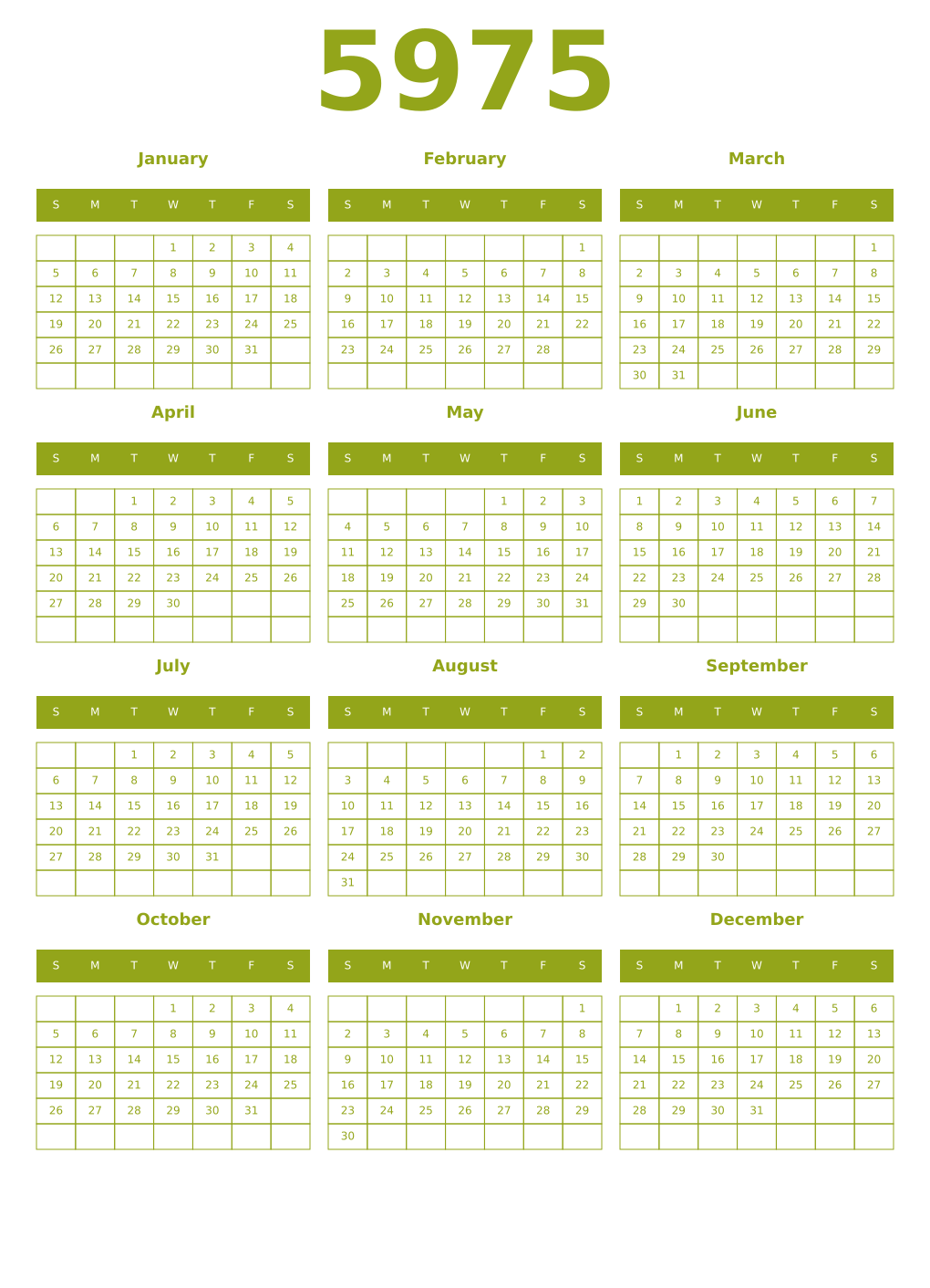 Printable 5975 Year Calendars chartreuse