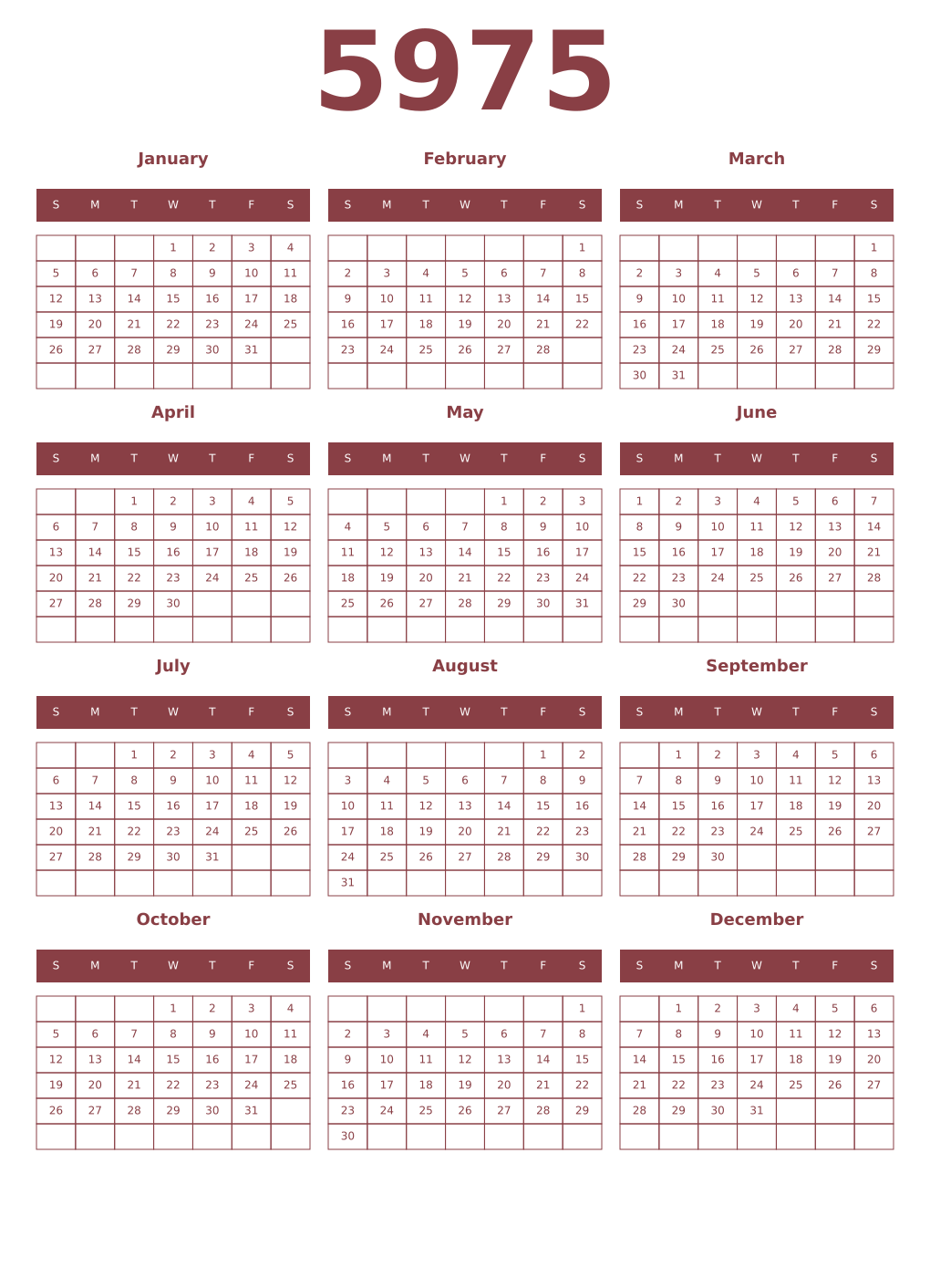 Printable 5975 Year Calendars cordovan