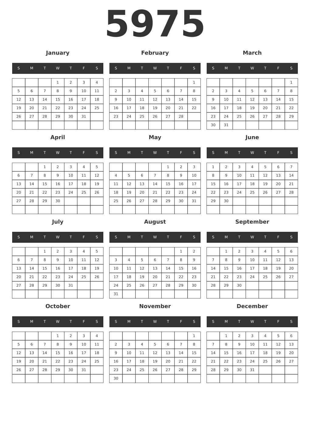Printable 5975 Year Calendars dark