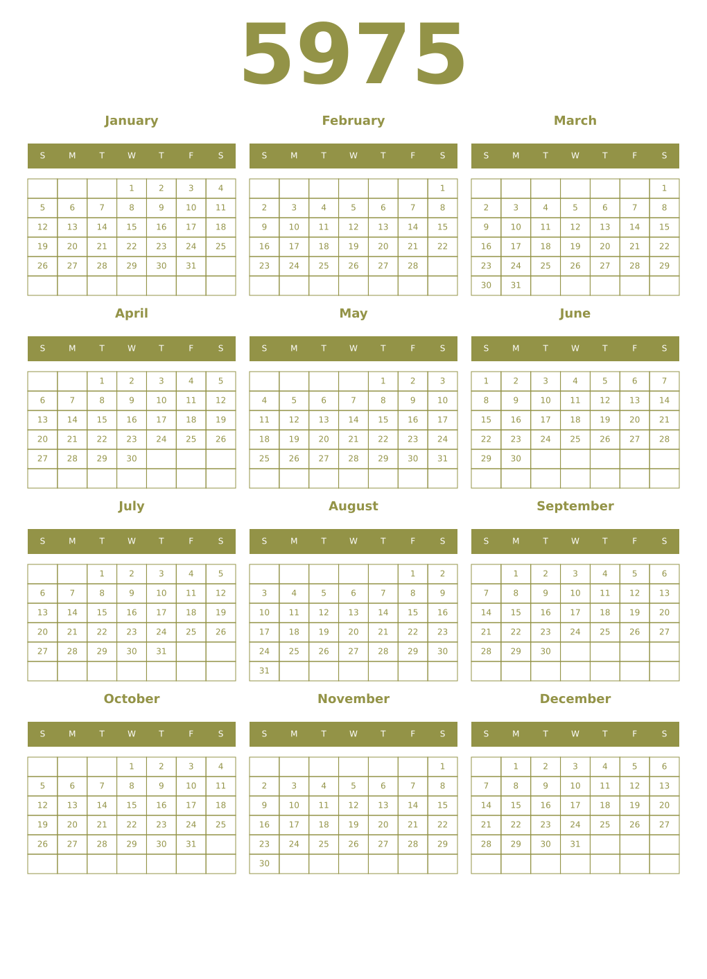 Printable 5975 Year Calendars eburnean