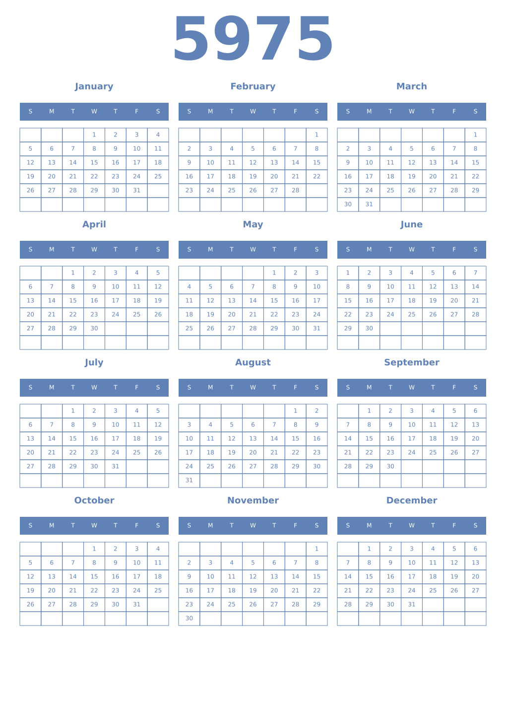 Printable 5975 Year Calendars glaucous
