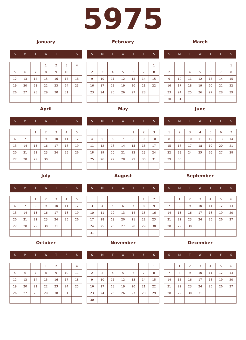Printable 5975 Year Calendars mortuum