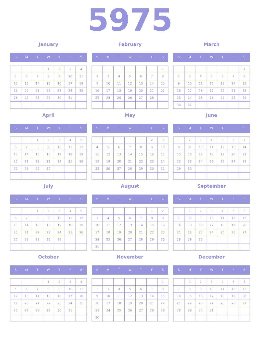 Printable 5975 Year Calendars periwinkle