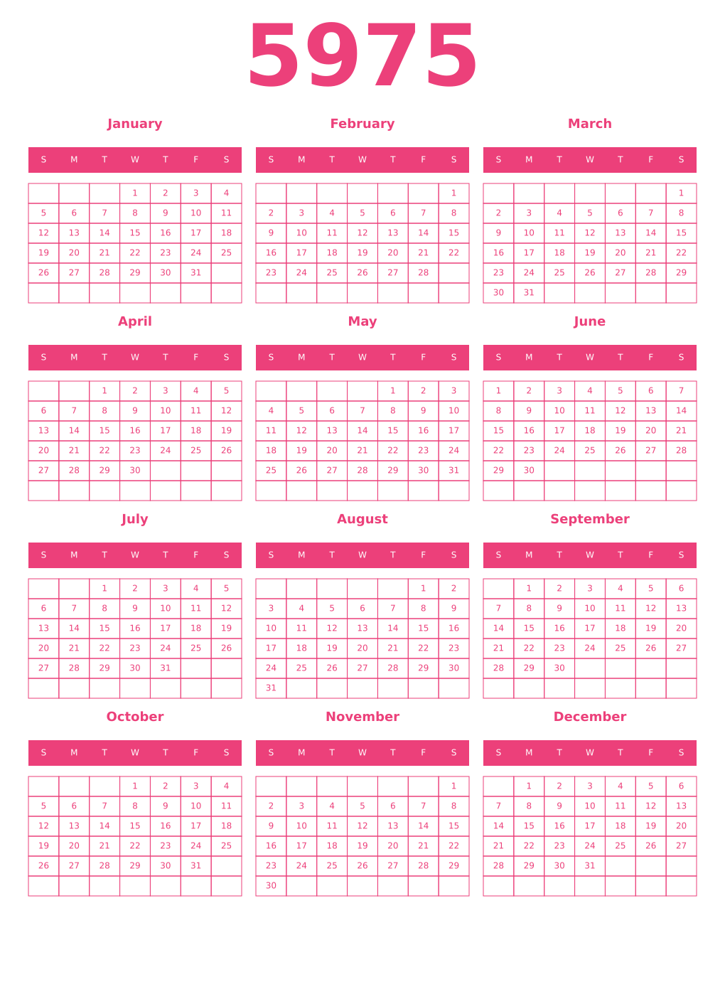 Printable 5975 Year Calendars pink