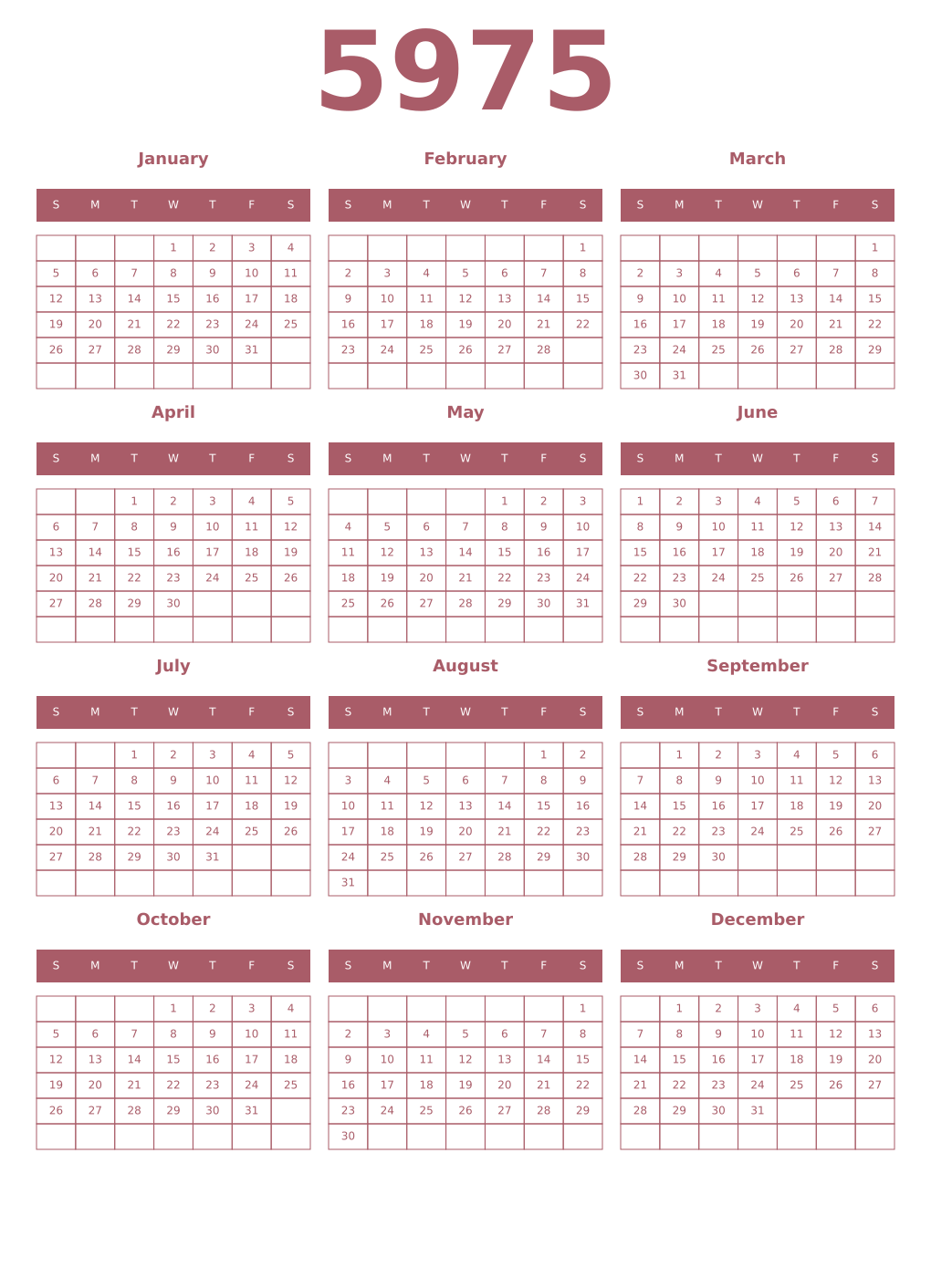 Printable 5975 Year Calendars puce