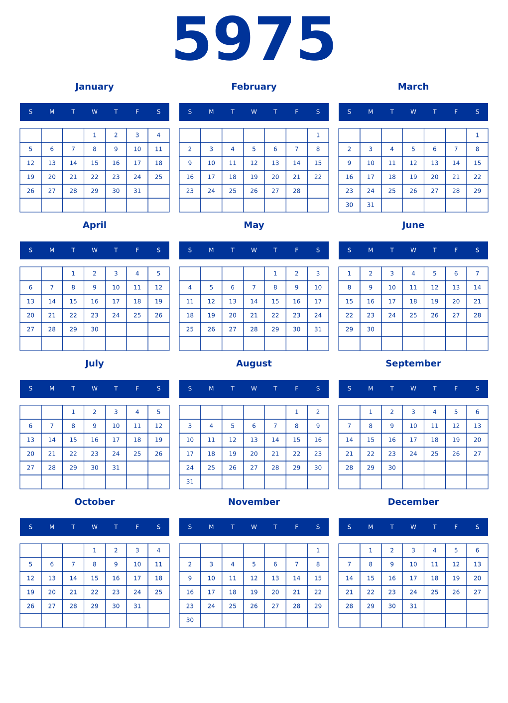 Printable 5975 Year Calendars smalt
