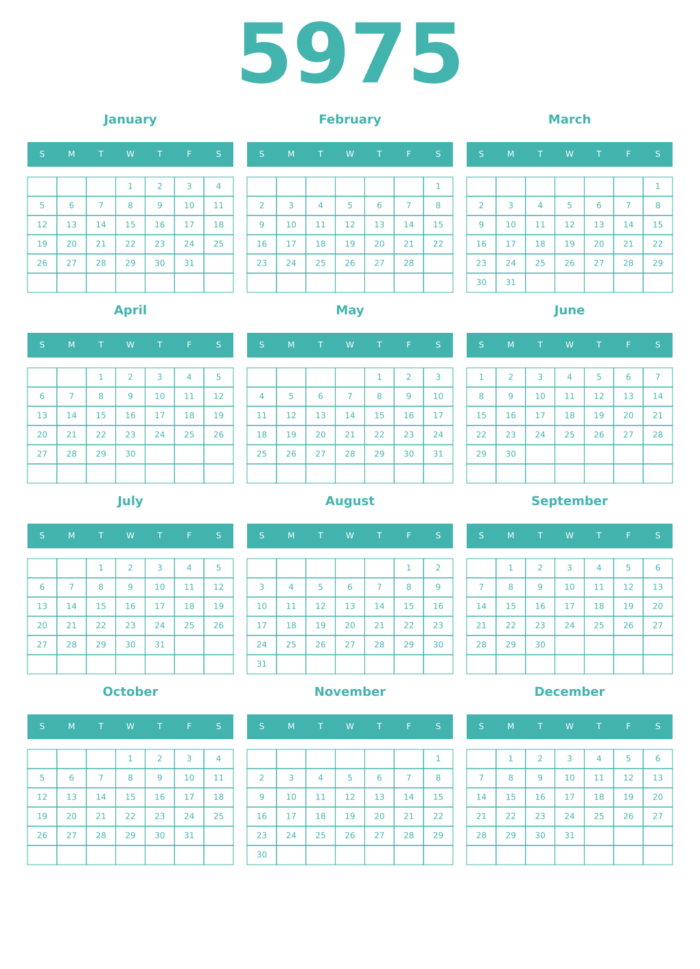 Printable 5975 Year Calendars verdigris