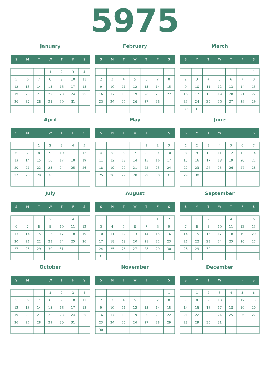 Printable 5975 Year Calendars viridian