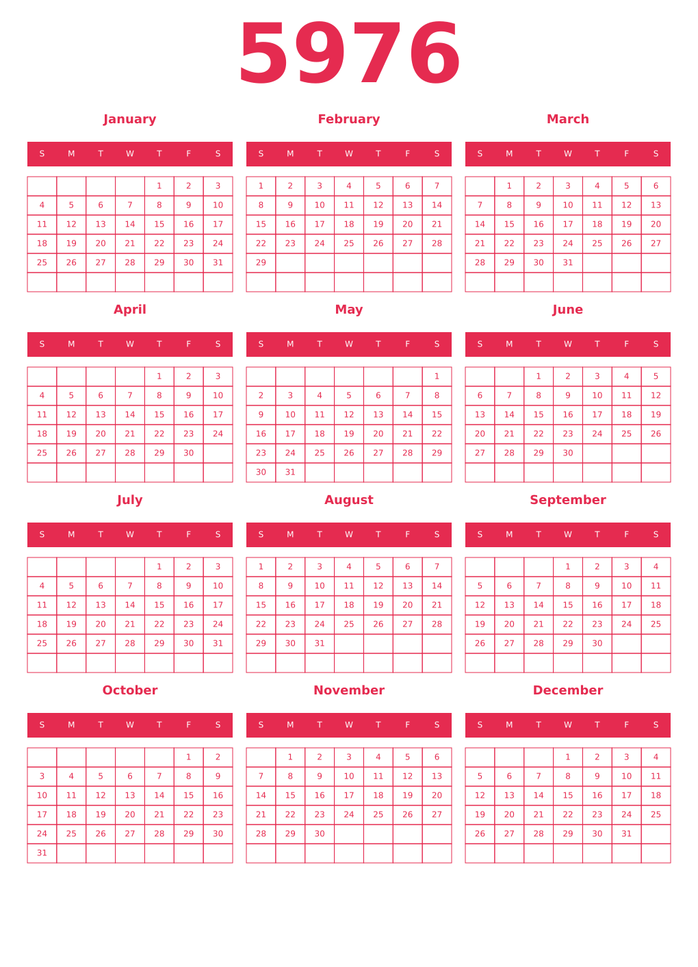 Printable 5976 Year Calendars amaranth