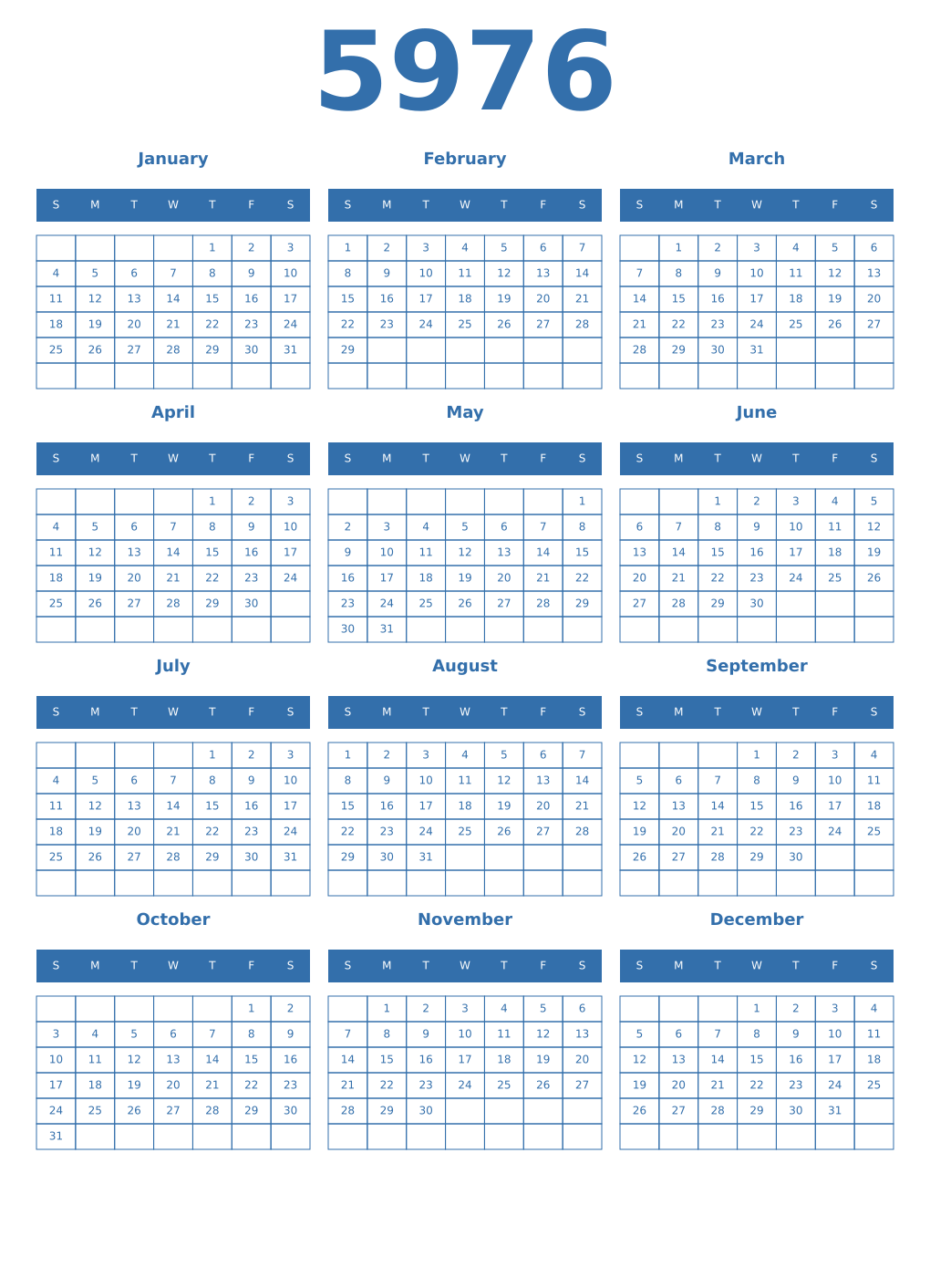 Printable 5976 Year Calendars blue