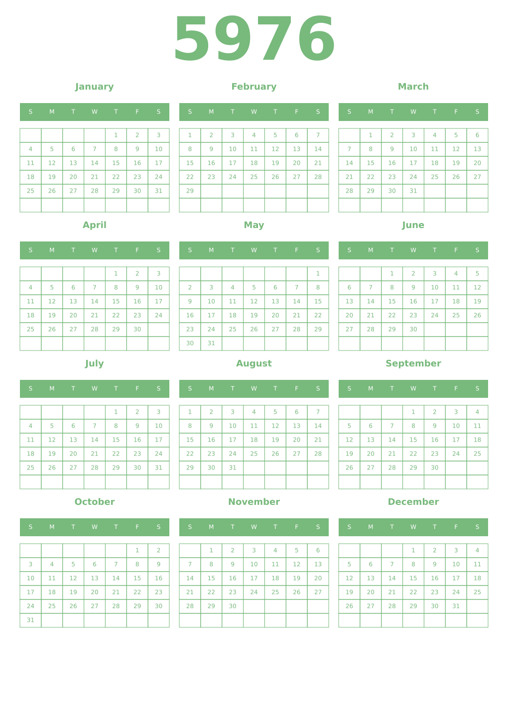 Printable 5976 Year Calendars celadon
