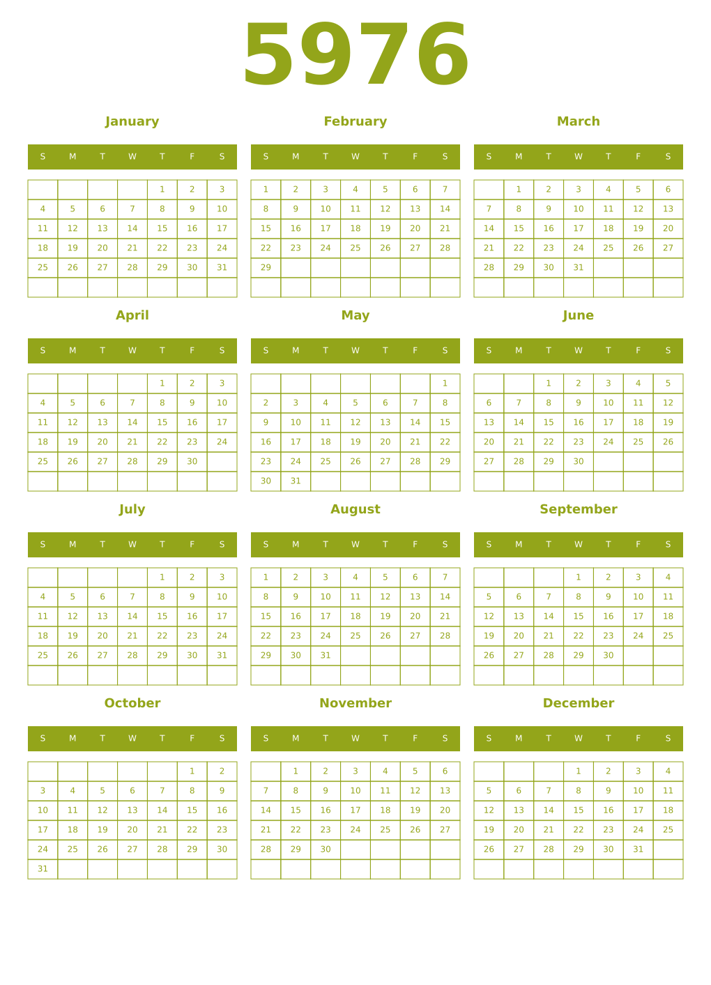Printable 5976 Year Calendars chartreuse