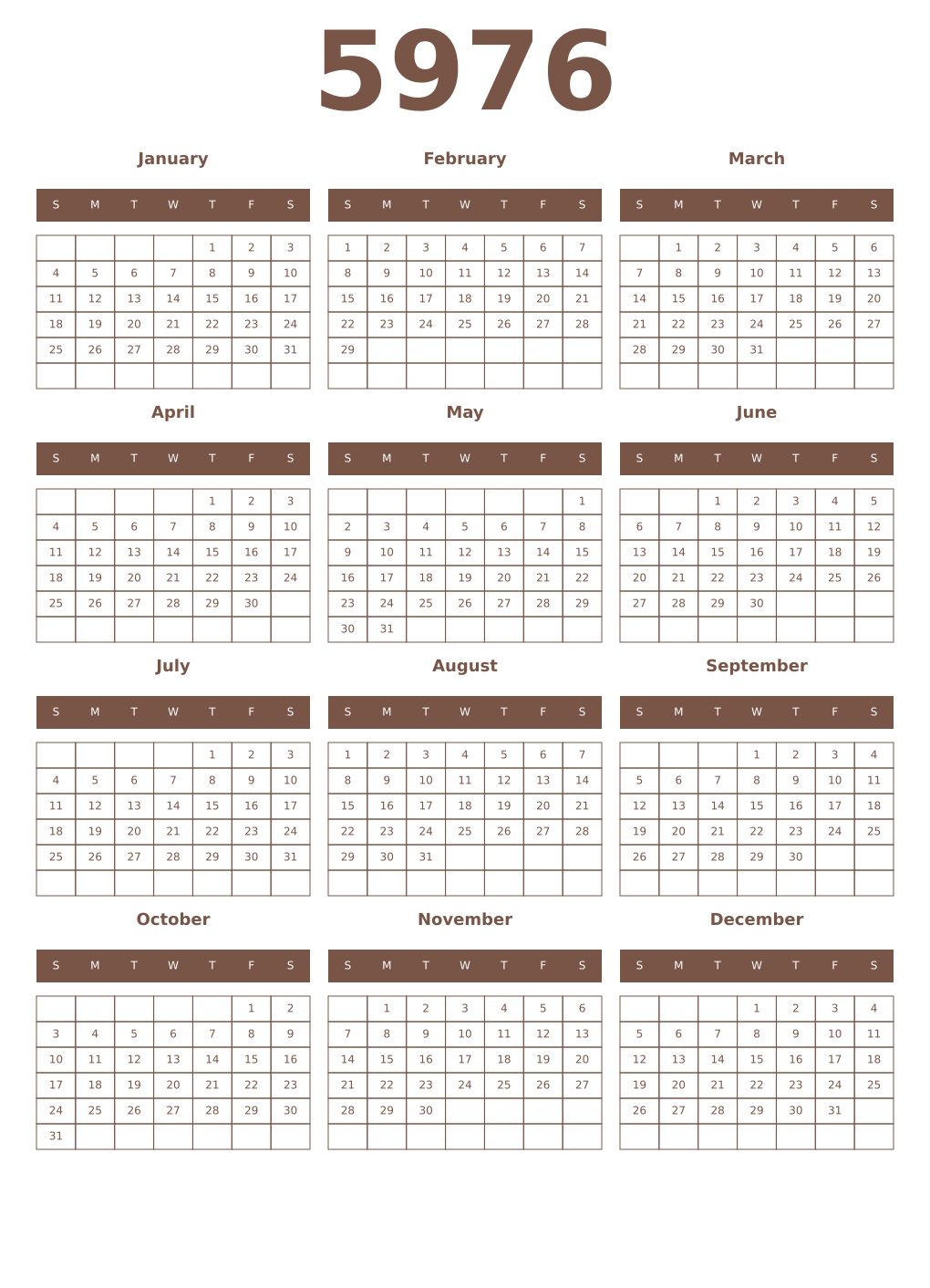 Printable 5976 Year Calendars coffe