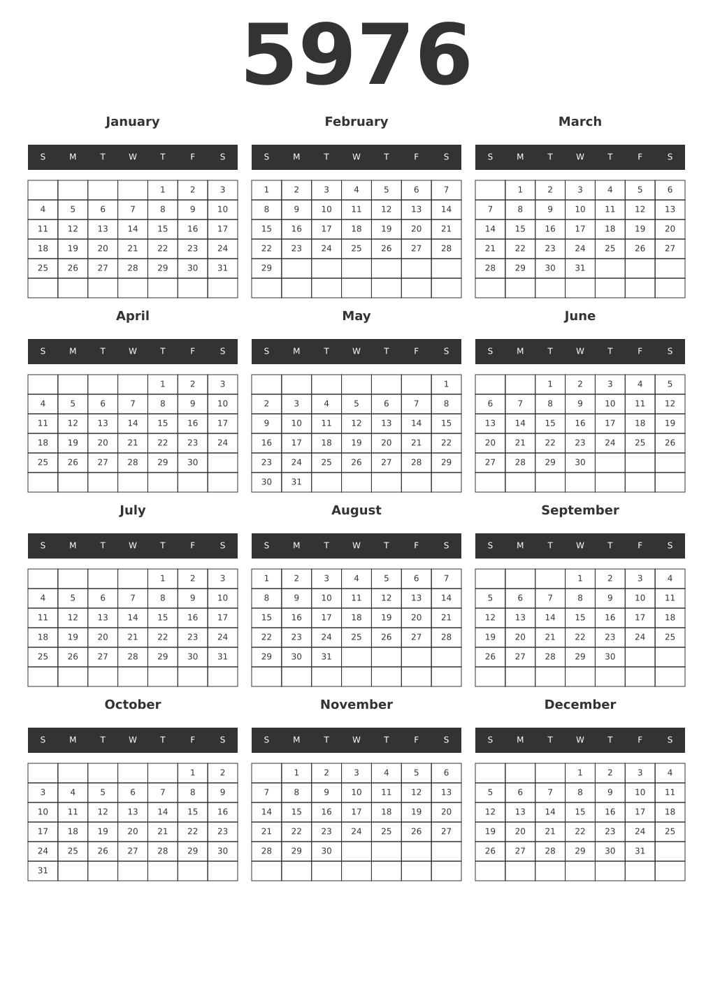 Printable 5976 Year Calendars dark