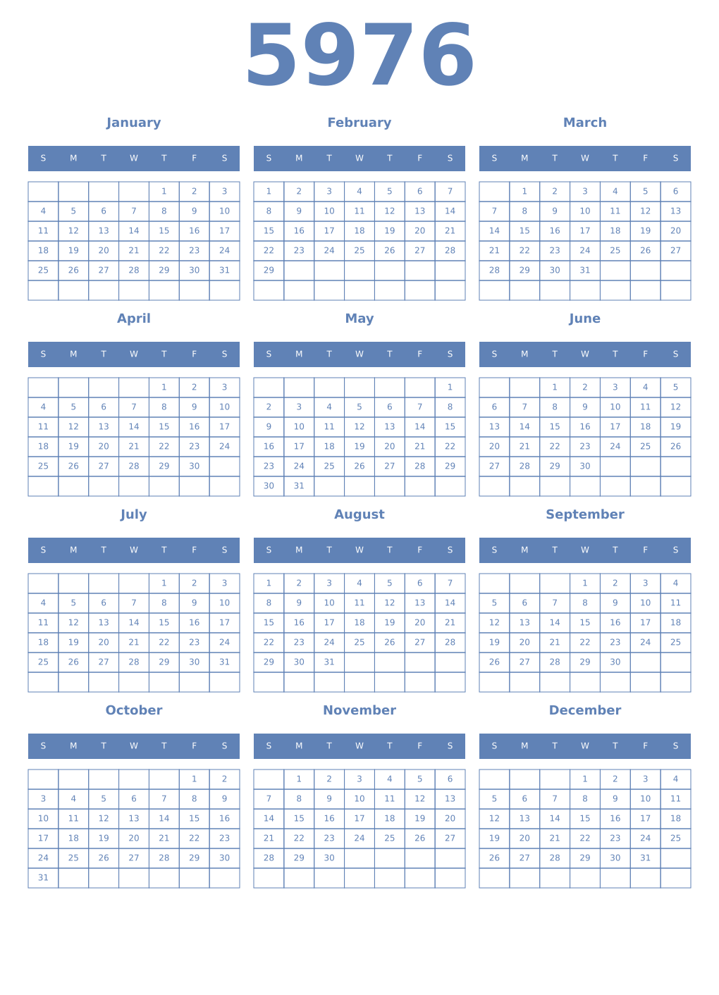 Printable 5976 Year Calendars glaucous
