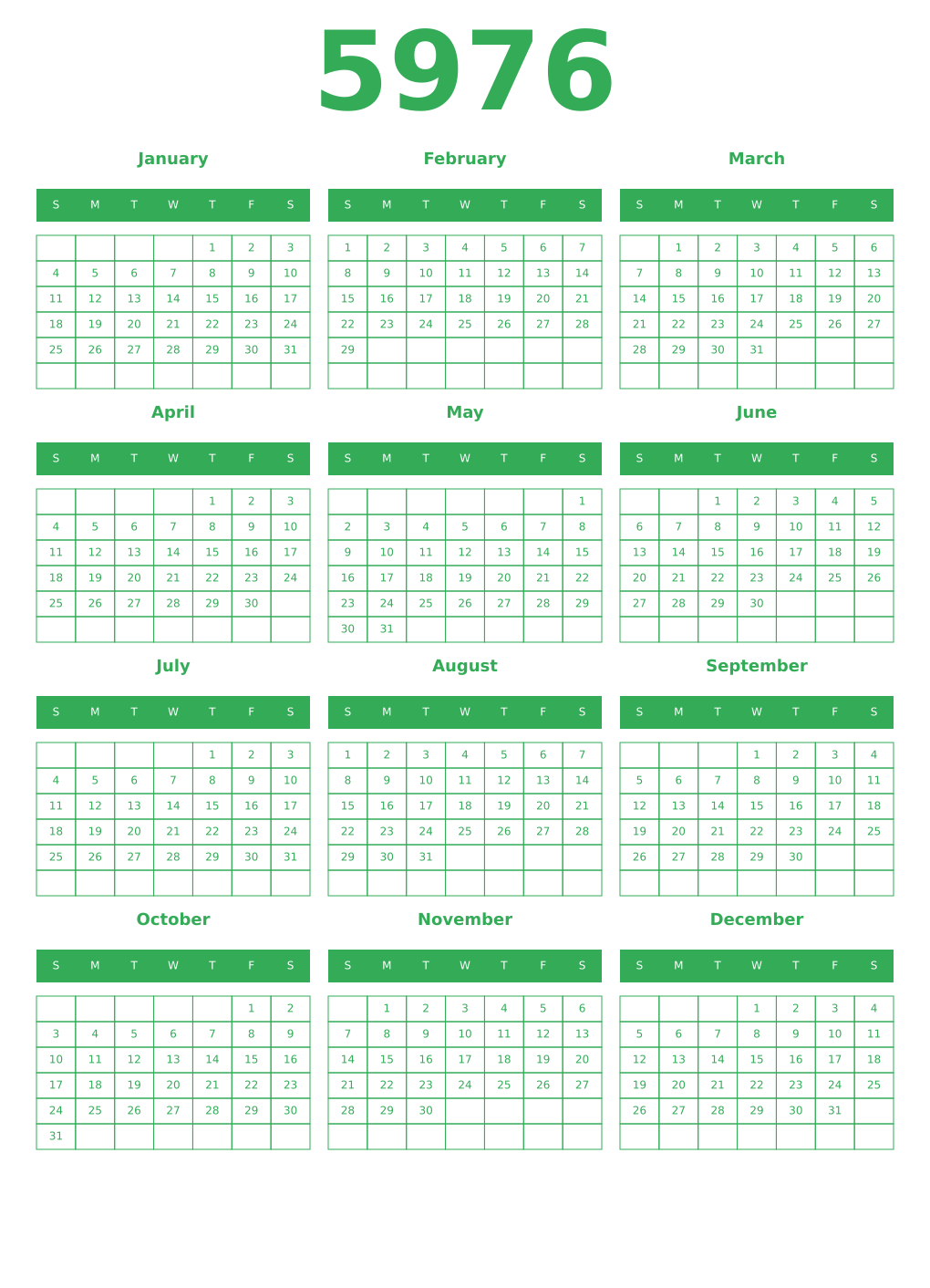 Printable 5976 Year Calendars green