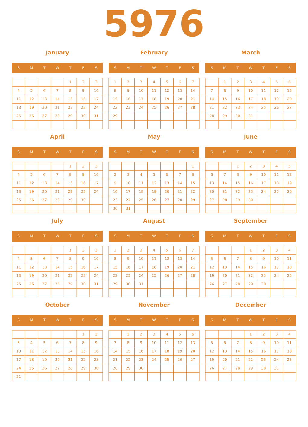 Printable 5976 Year Calendars orange