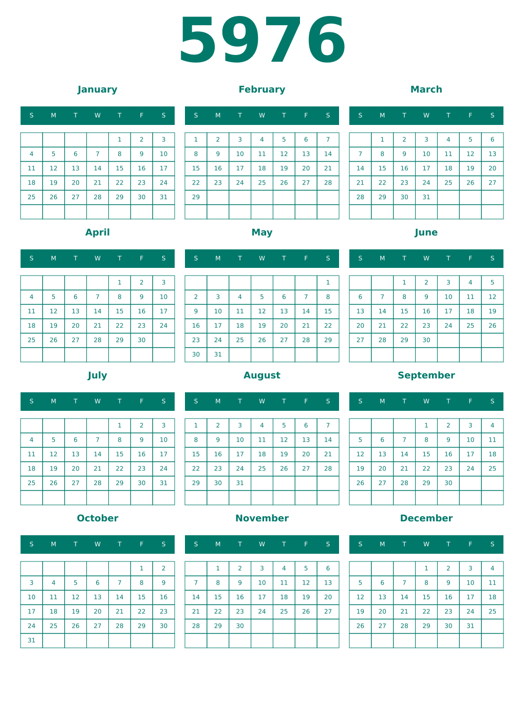 Printable 5976 Year Calendars pastel