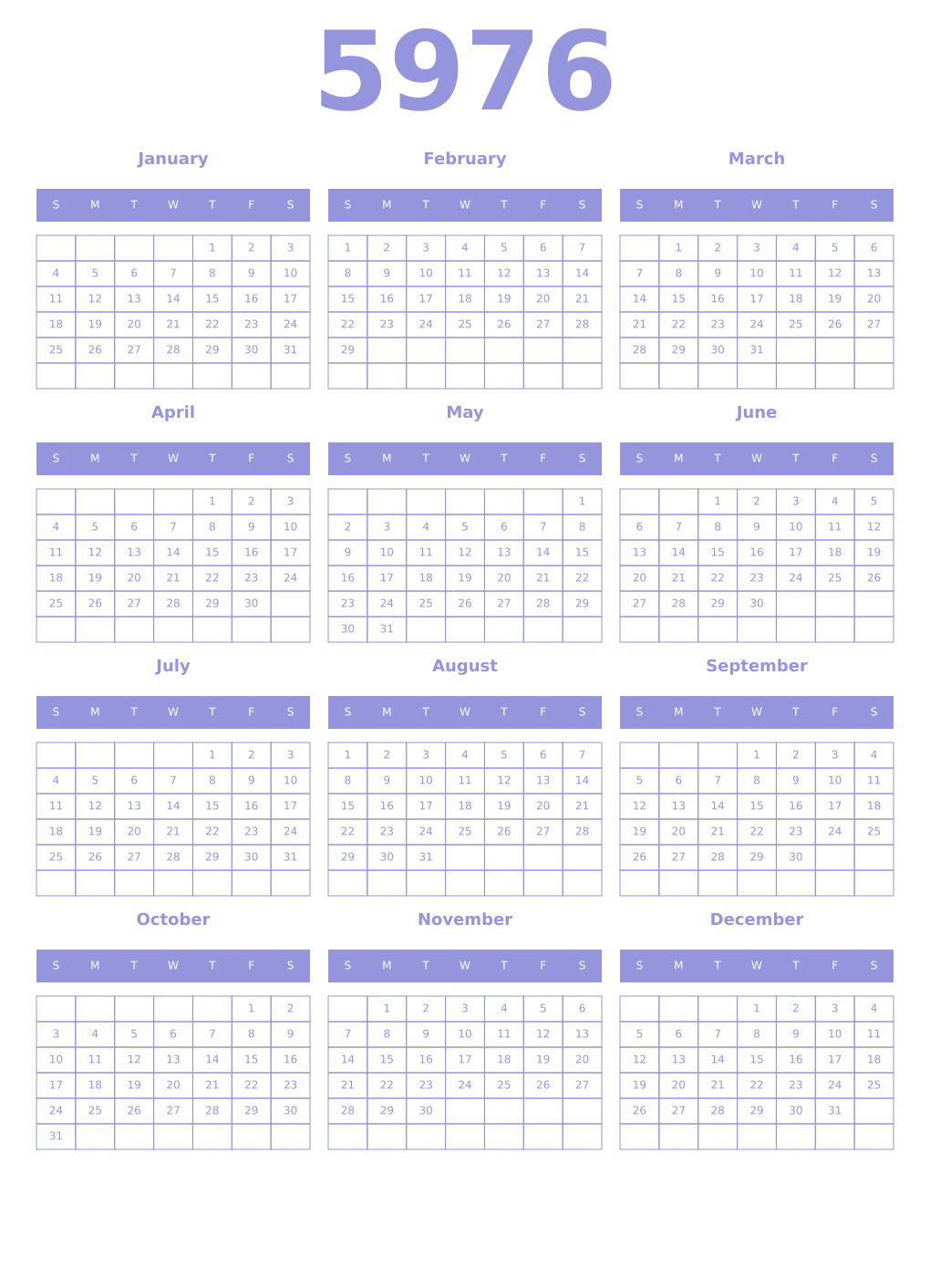 Printable 5976 Year Calendars periwinkle
