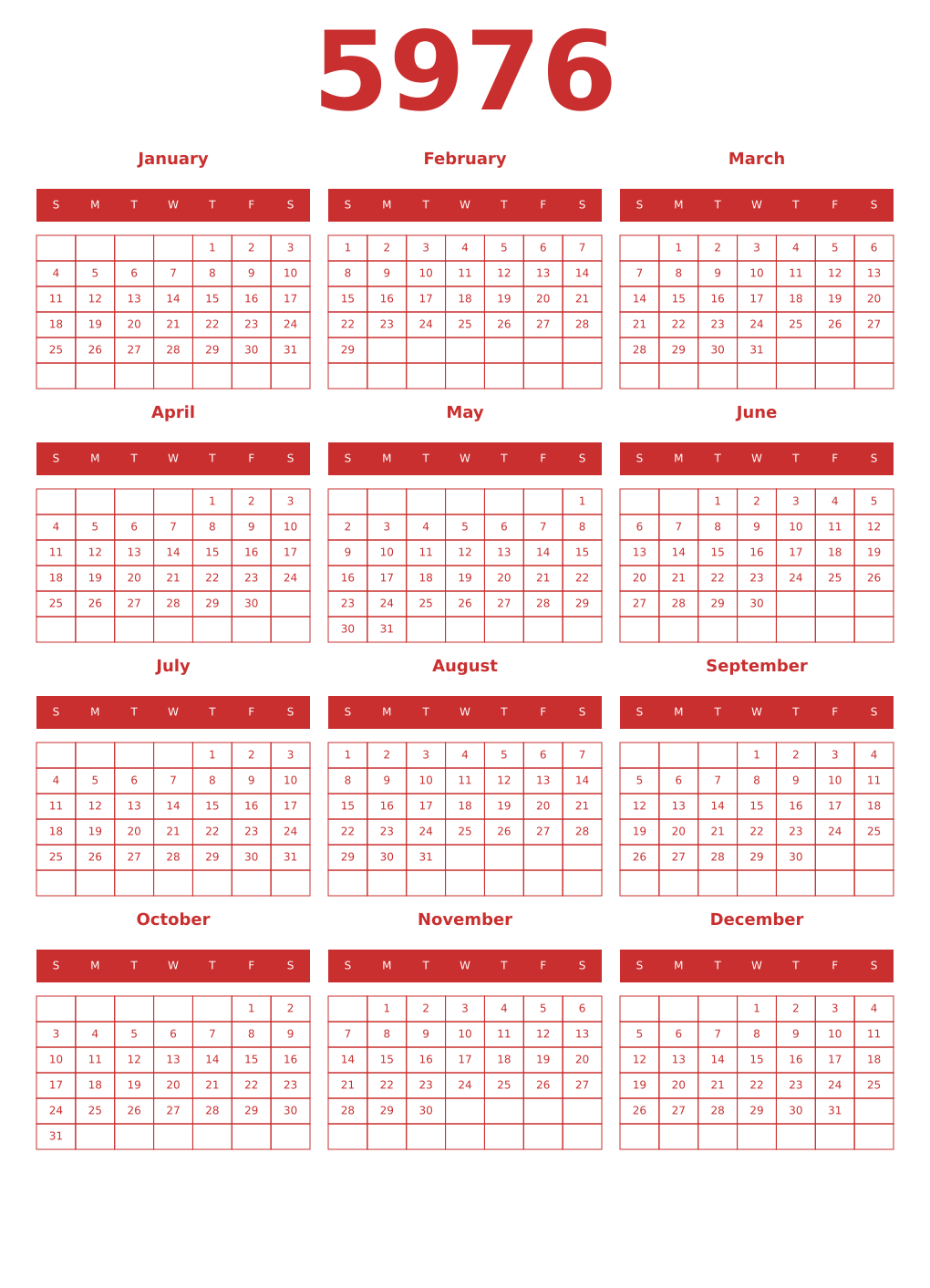 Printable 5976 Year Calendars red