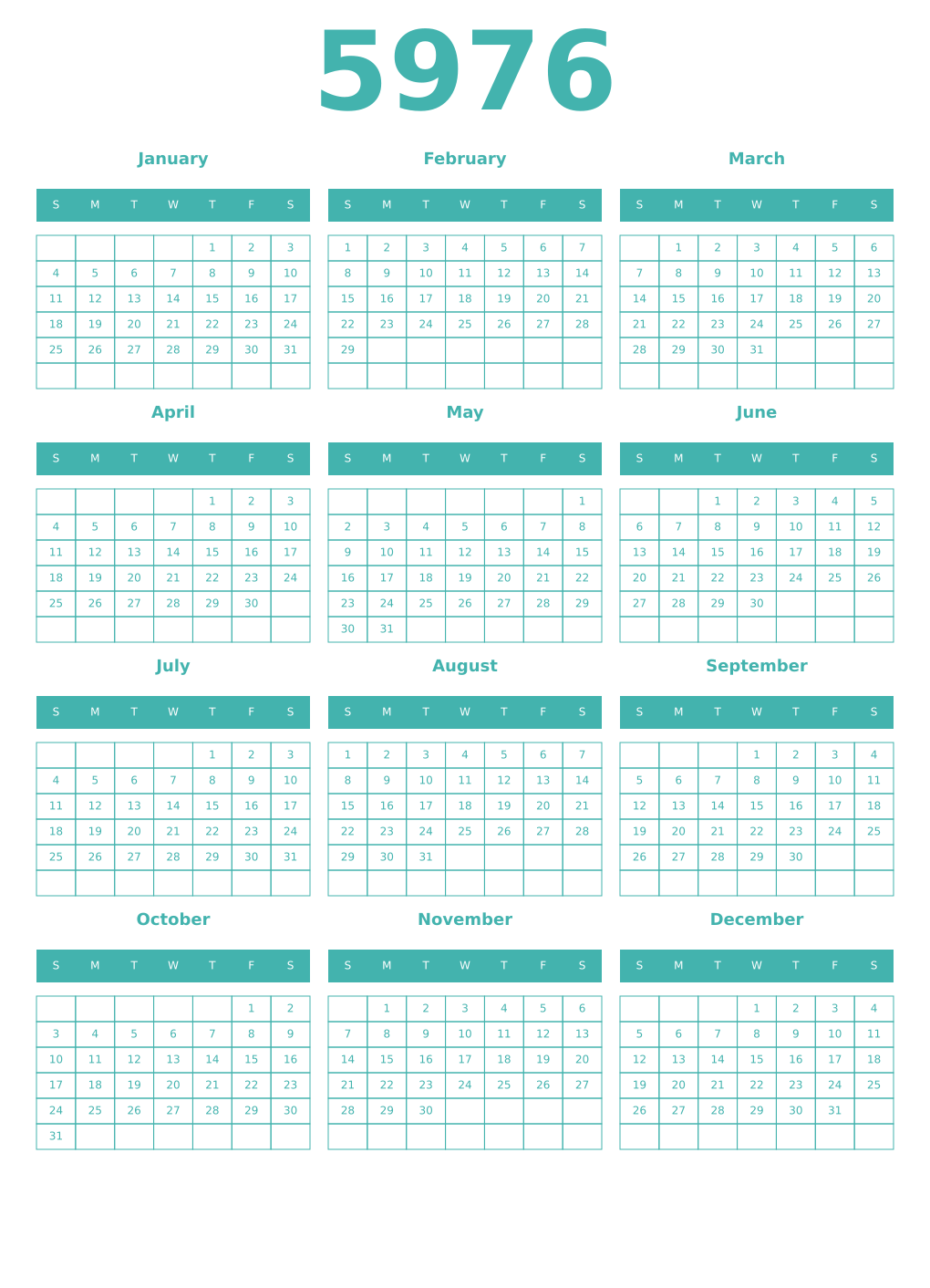 Printable 5976 Year Calendars verdigris