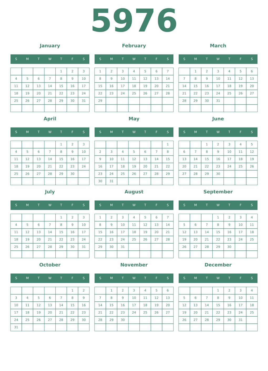 Printable 5976 Year Calendars viridian