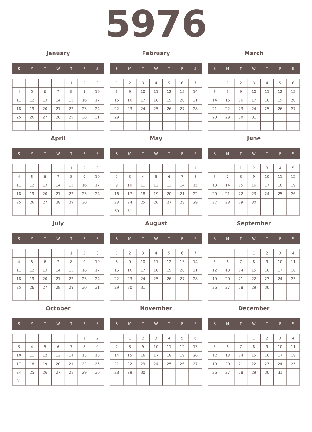 Printable 5976 Year Calendars wenge