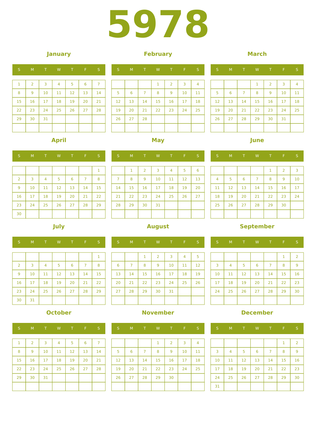Printable 5978 Year Calendars chartreuse