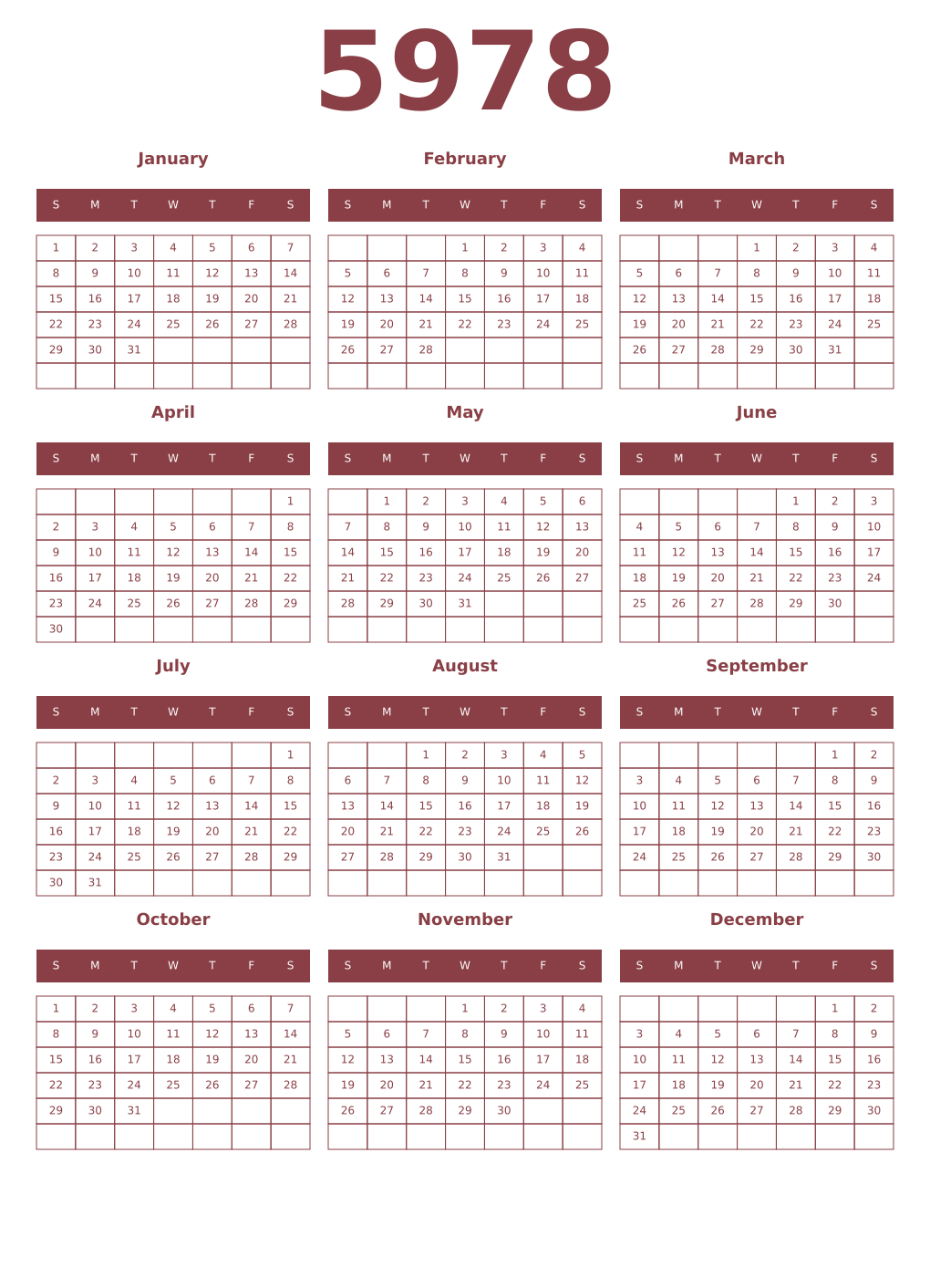 Printable 5978 Year Calendars cordovan