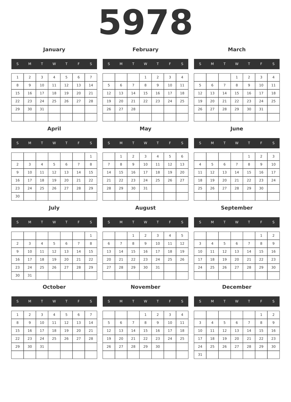 Printable 5978 Year Calendars dark