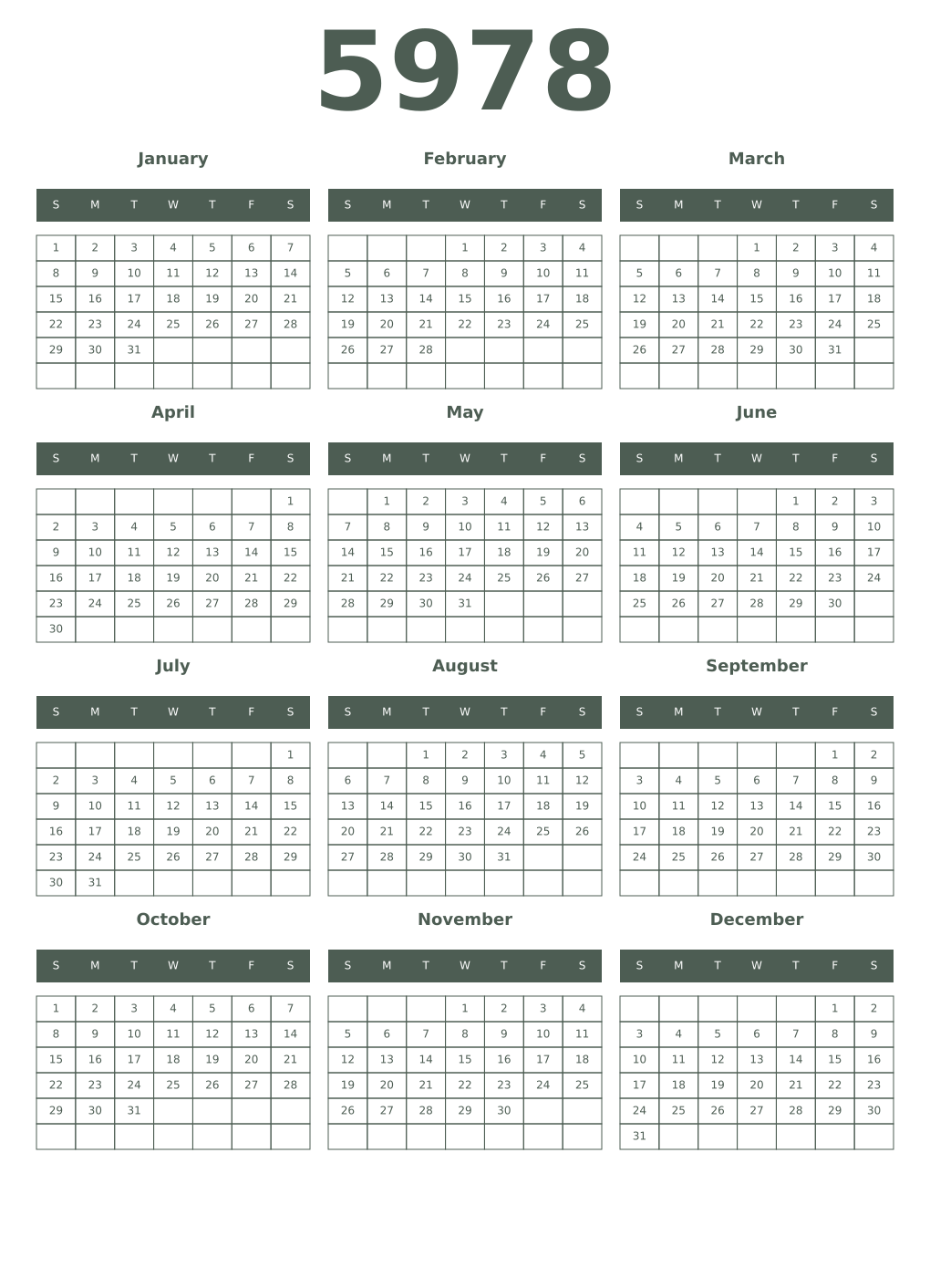 Printable 5978 Year Calendars feldgrau