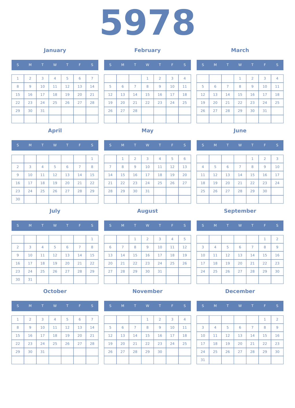 Printable 5978 Year Calendars glaucous