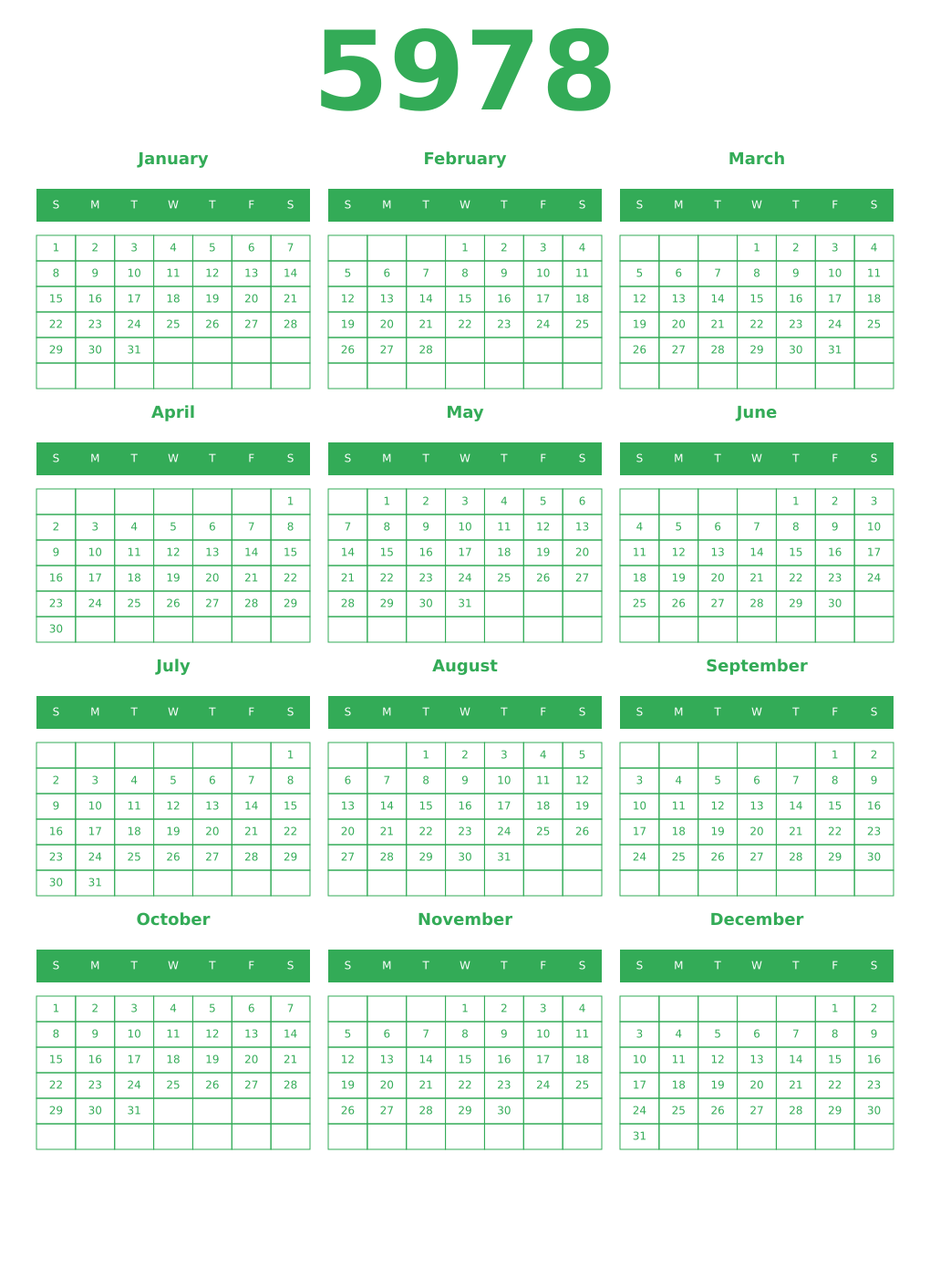 Printable 5978 Year Calendars green