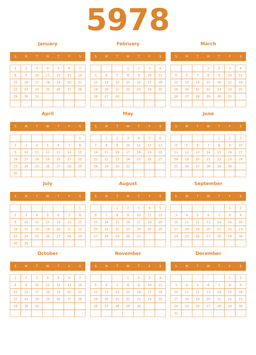 Printable 5978 Year Calendars orange