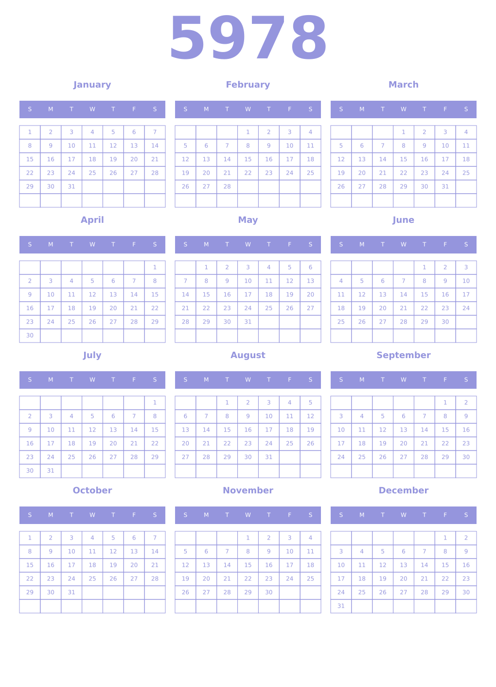 Printable 5978 Year Calendars periwinkle