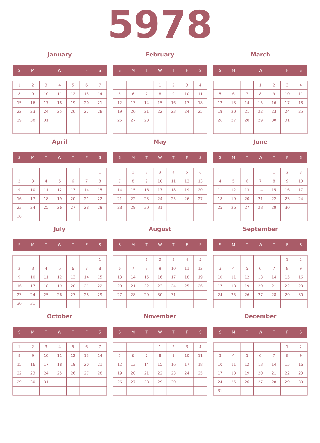 Printable 5978 Year Calendars puce