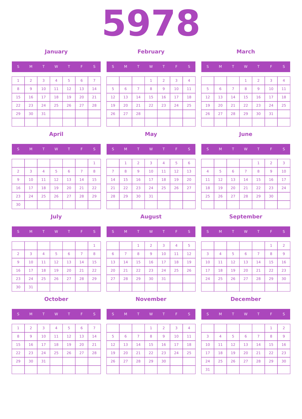 Printable 5978 Year Calendars purple