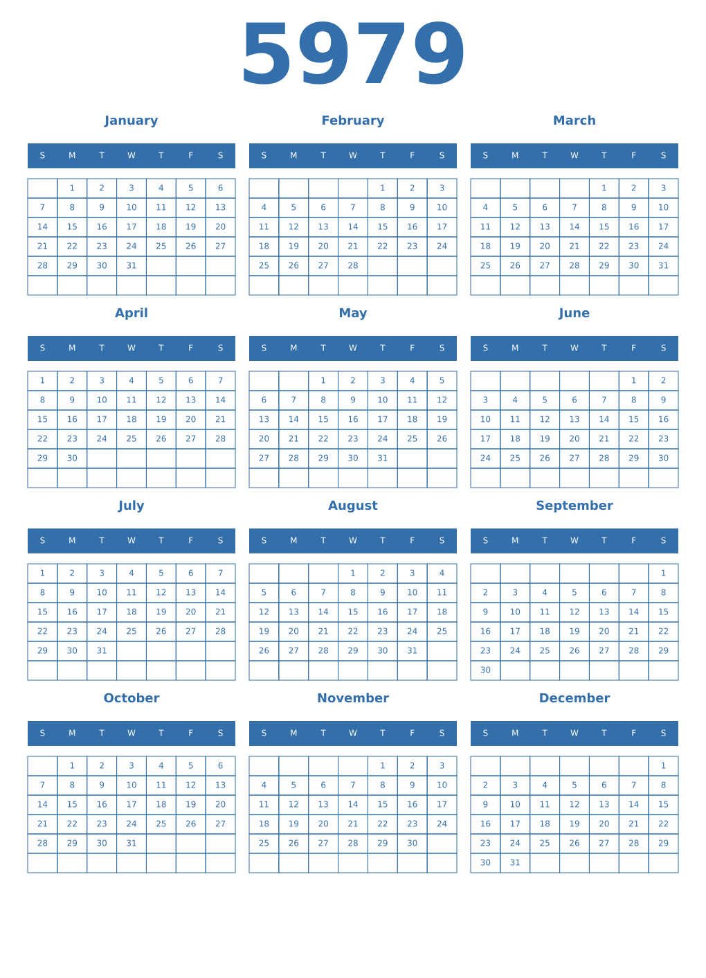 Printable 5979 Year Calendars blue