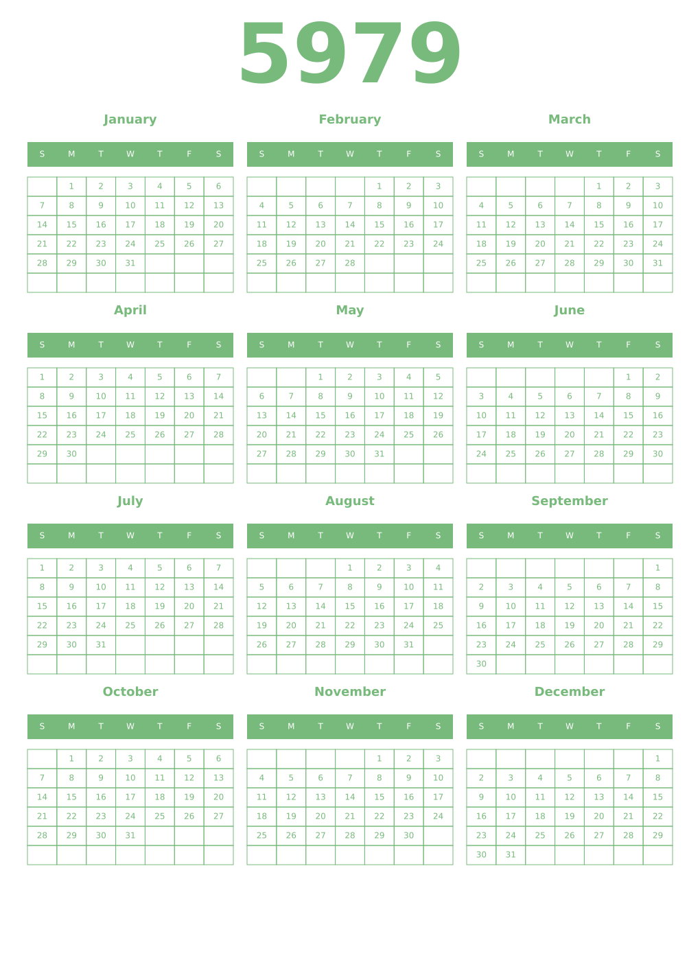 Printable 5979 Year Calendars celadon