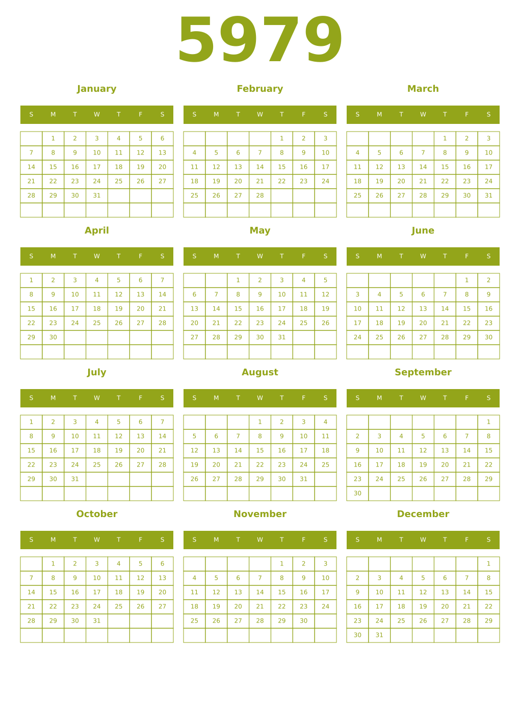 Printable 5979 Year Calendars chartreuse